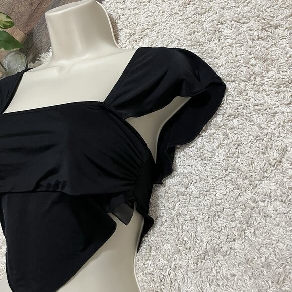 Urban Outfitters Size Medium Black Square Neckline Smocked Ruched Crop Top - Picture 8 of 9